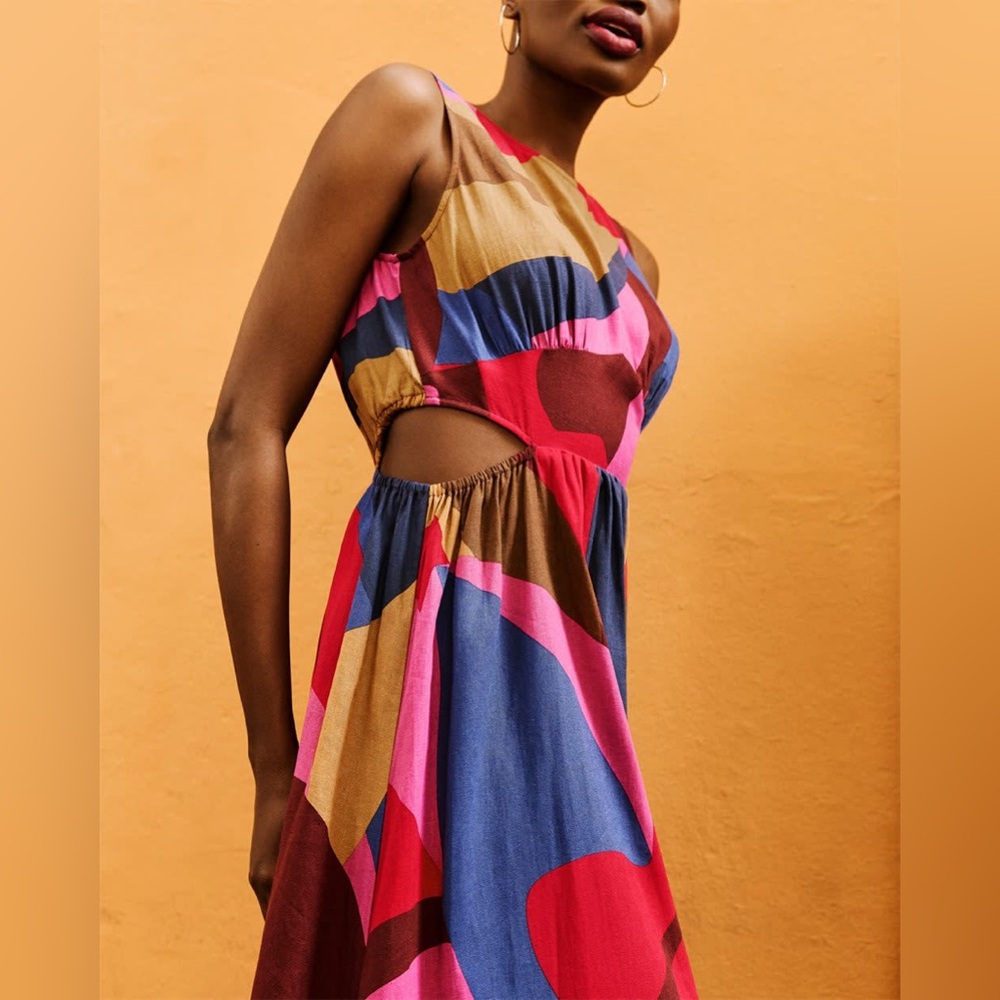Sleeveless Linen cut out Midi Dress - multi summer print L - Picture 6 of 9